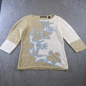 Vtg Crazy Horse Collection Liz Claiborne Knit‎ Sweater Floral Pattern Beige M